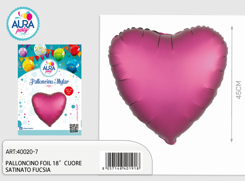 Palloncino in Foil a Forma di Cuore Satinato Fucsia 18" (45 cm)