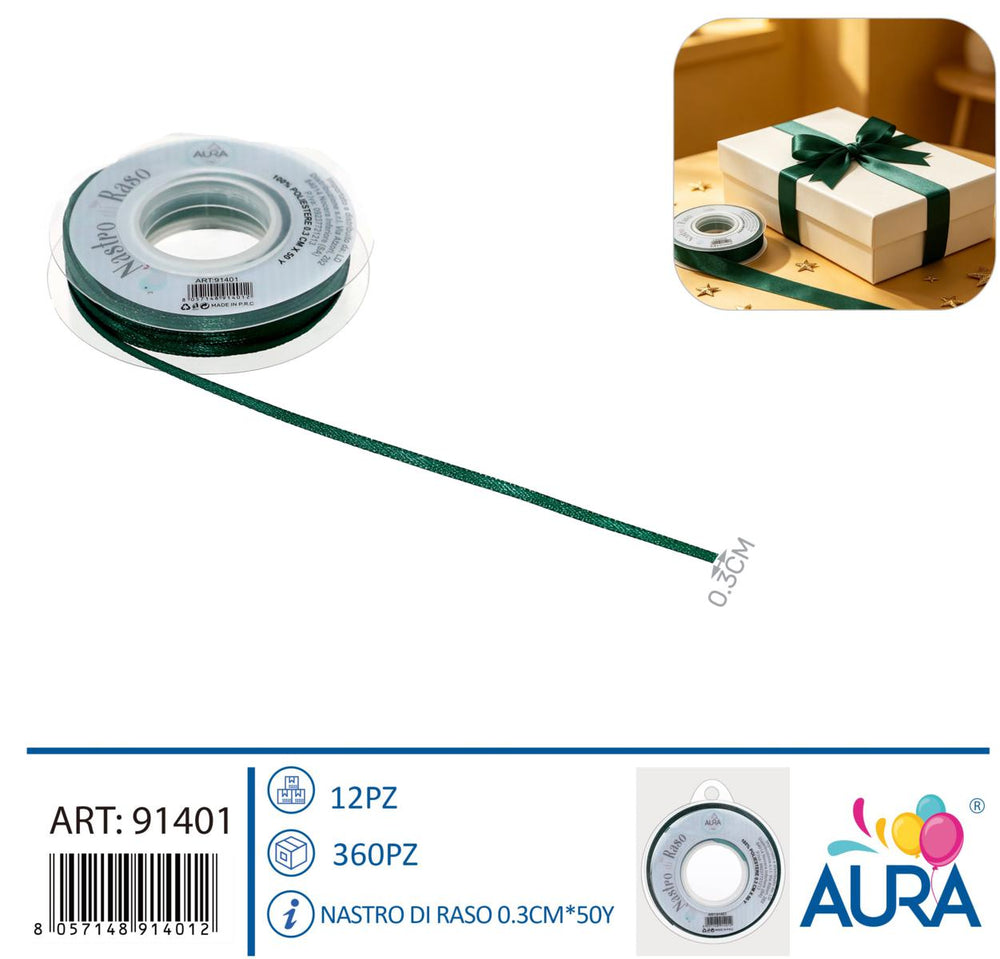Nastro di raso 0,3cm x 25y verde foresta