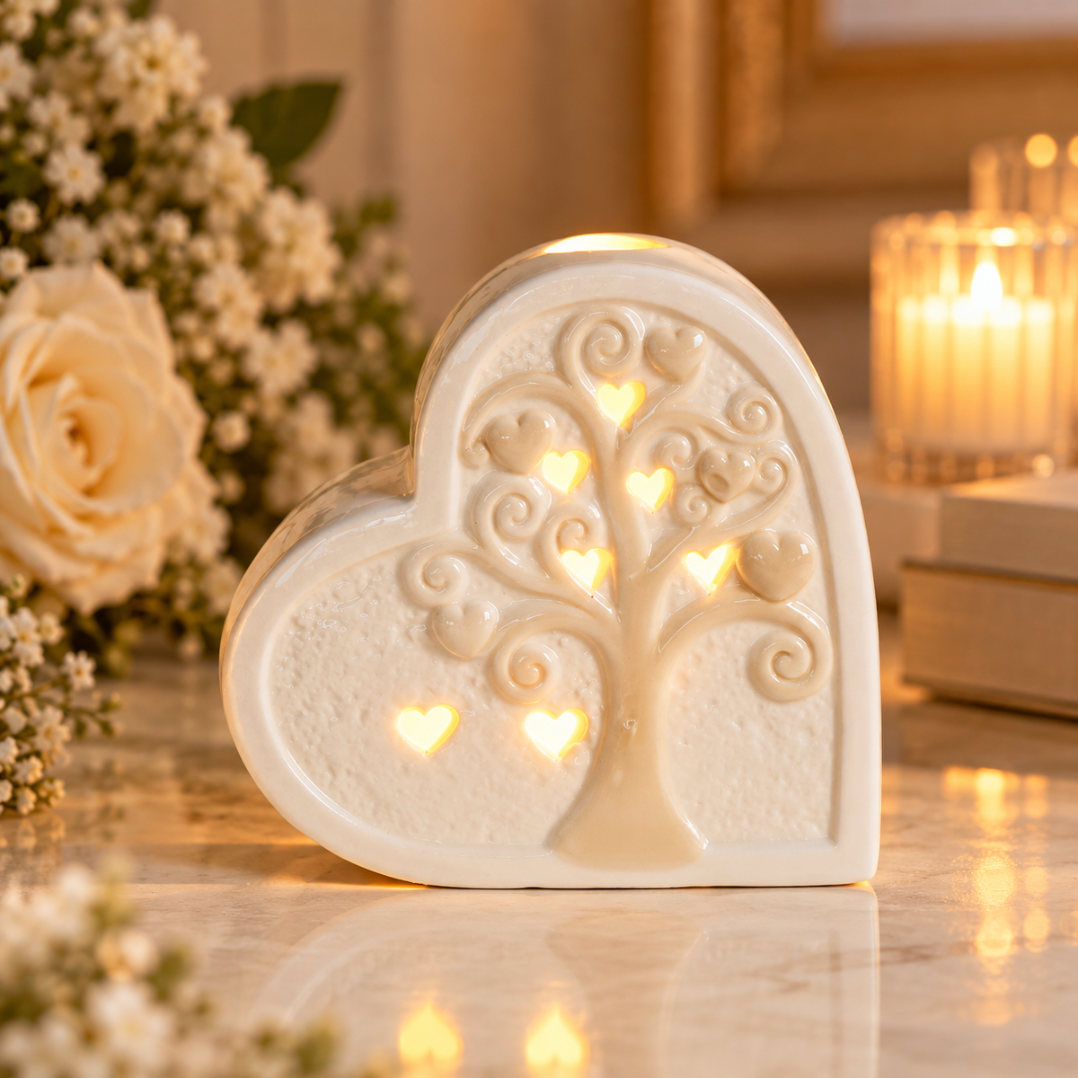 Bomboniera diffusore cuore con albero della vita Aura in ambientazione elegante