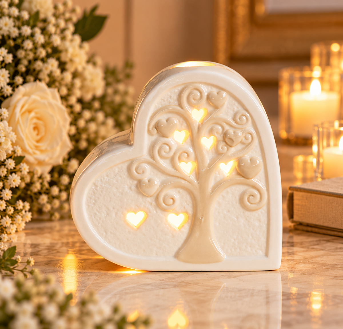 Bomboniera cuore albero della vita Aura in ambientazione romantica