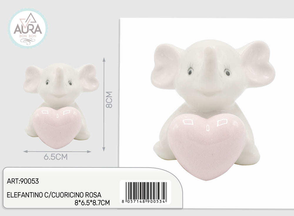 Elephant with pink heart in pink porcelain 8x5.6x8.5cm