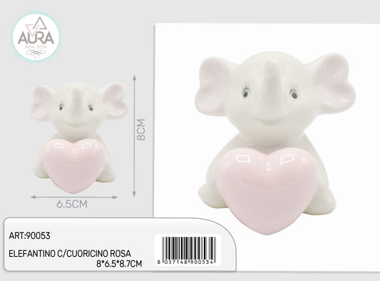 Elefantino con cuore rosa in porcellana rosa 8x5,6x8,5cm