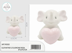 Elephant with pink heart in pink porcelain 8x5.6x8.5cm