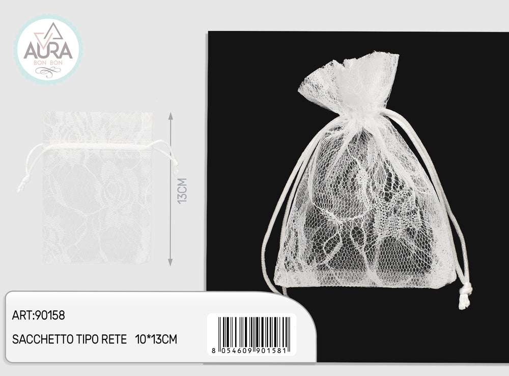 White rose patterned mesh bag 10x13cm