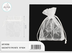 Sacchetto rete con motivo rose bianco 10x13cm