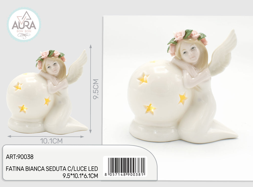 Sitting white fairy with LED light 9.5x10.1x6.1cm