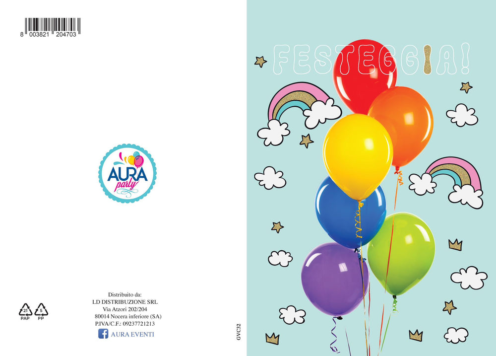 Birthday greeting card with balloons and rainbows