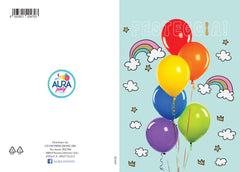 Biglietto di auguri per compleanno con palloncini e arcobaleni