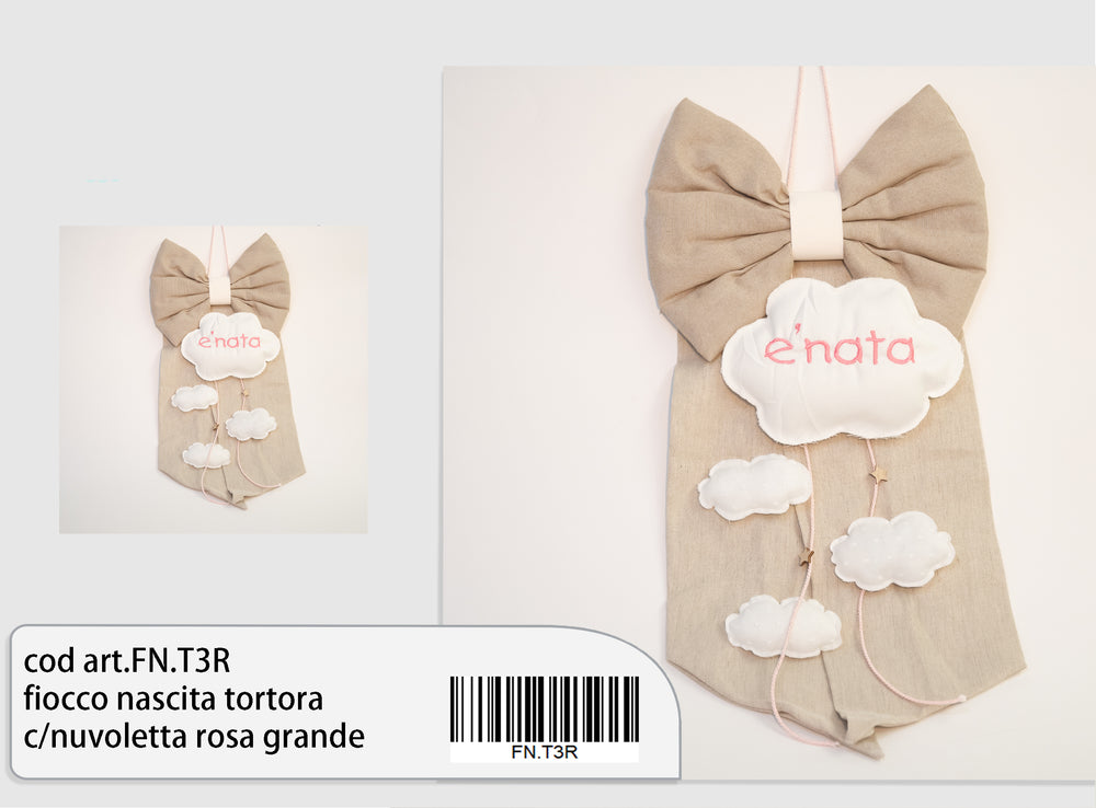 Fiocco nascita tortora con nuvoletta rosa misura grande, 1 pz