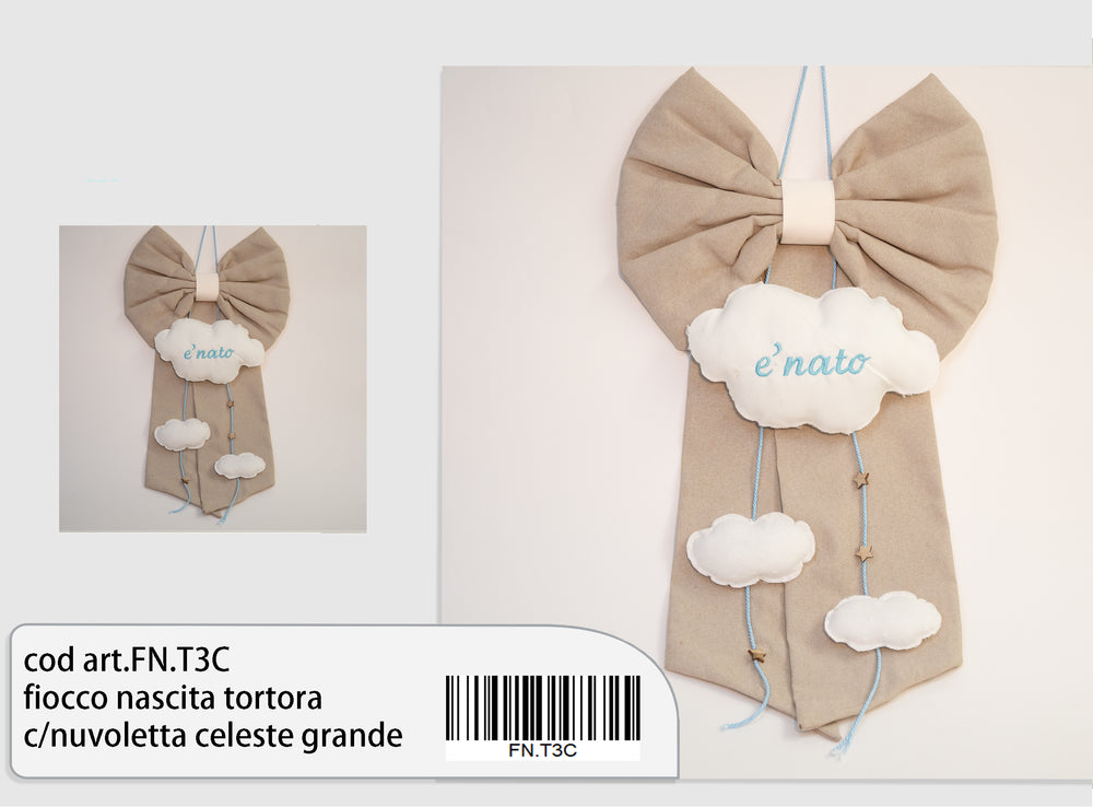 Fiocco nascita tortora con nuvoletta celeste misura grande, 1 pz