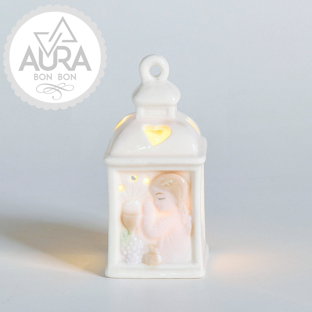 First Communion Favor Lantern with Praying Girl 4.5x4.5x9.8cm
