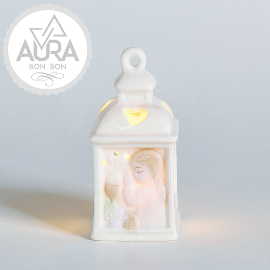 Lanterna Bomboniera Prima Comunione con Bambina in Preghiera 4,5x4,5x9,8cm