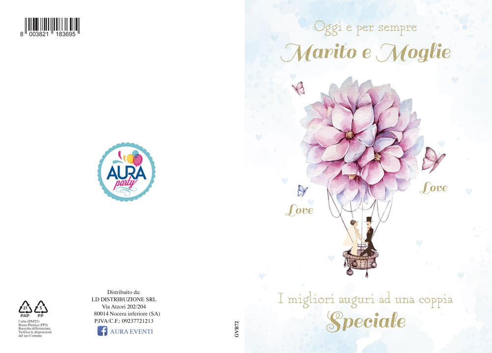 Wedding greeting card with hot air balloon and flowers