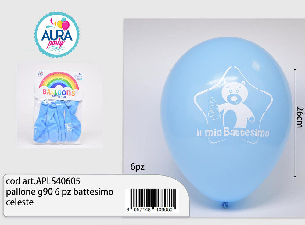 Palloncini in Lattice Stampati "Il Mio Battesimo" Celeste con Orsetto 10" (26 cm) – Aura, 6 pz