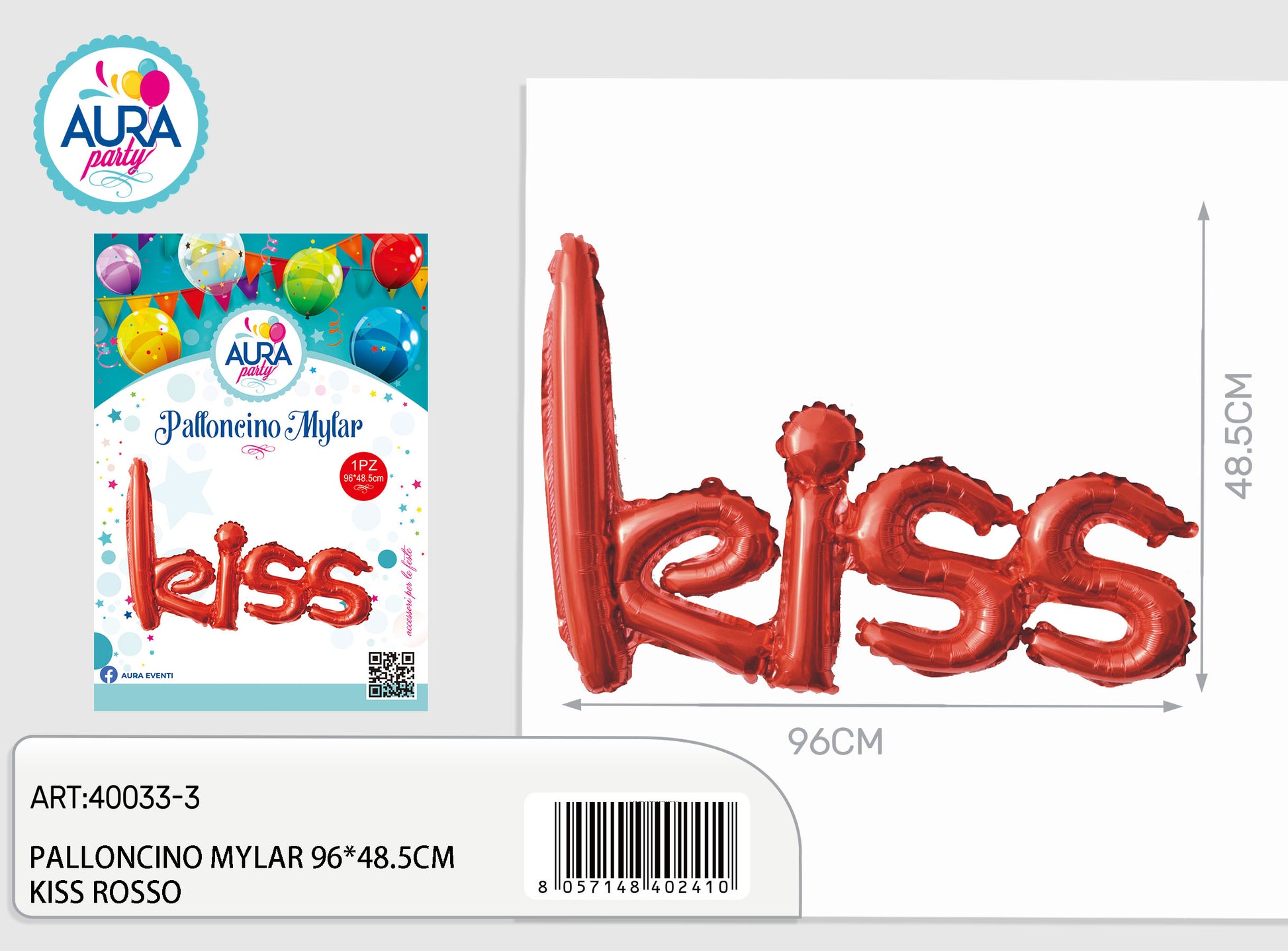 palloncini mylar kiss 96x48,5cm rosso