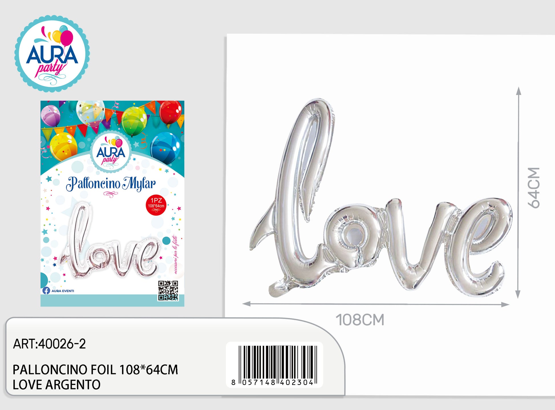palloncini mylar love 108x64cm argento