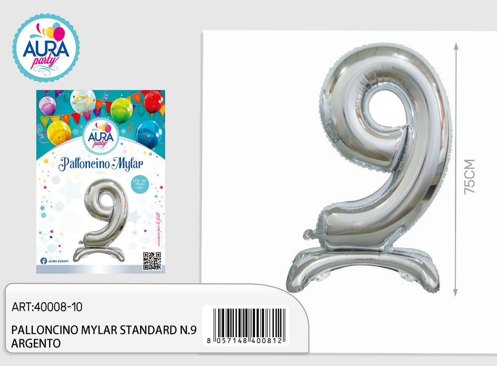 30inch/75cm No. 9 Silver Mylar Balloon with Base