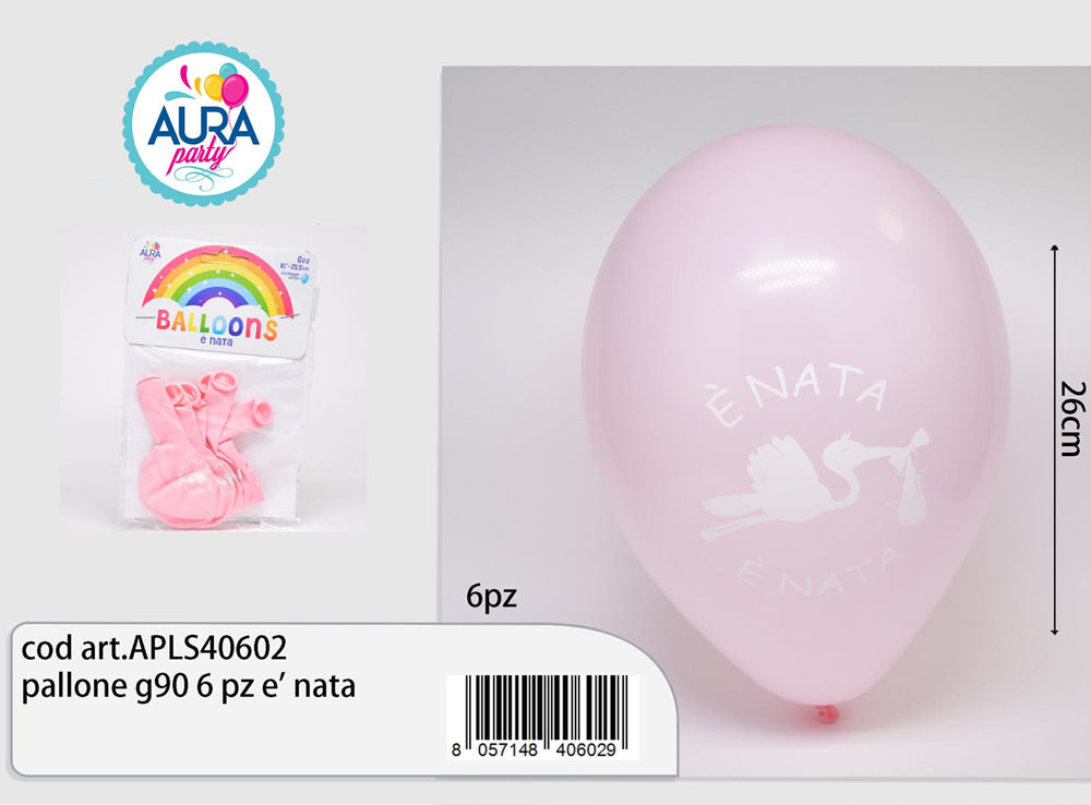 Palloncini in Lattice Stampati "È Nata" Rosa con Cicogna 10" (26 cm) – Aura, 6 pz