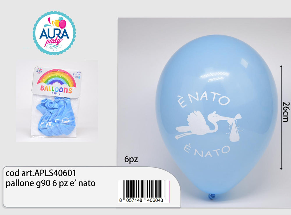 Palloncini in Lattice Stampati "È Nato" Azzurro con Cicogna 10" (26 cm) – Aura, 6 pz
