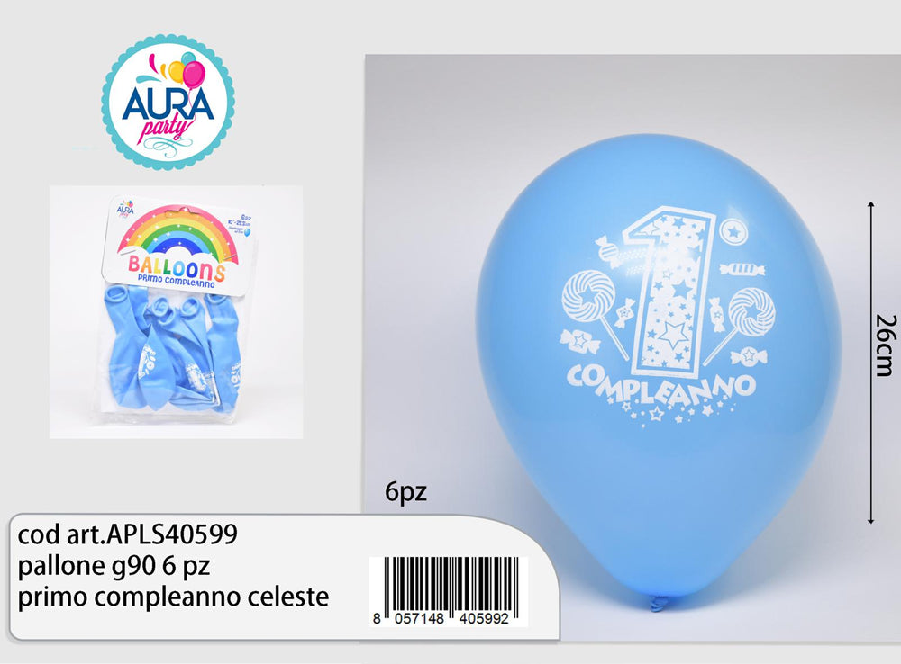 Palloncini in Lattice Stampati "Primo Compleanno" Celeste 10" (26 cm) – Aura, 6 pz