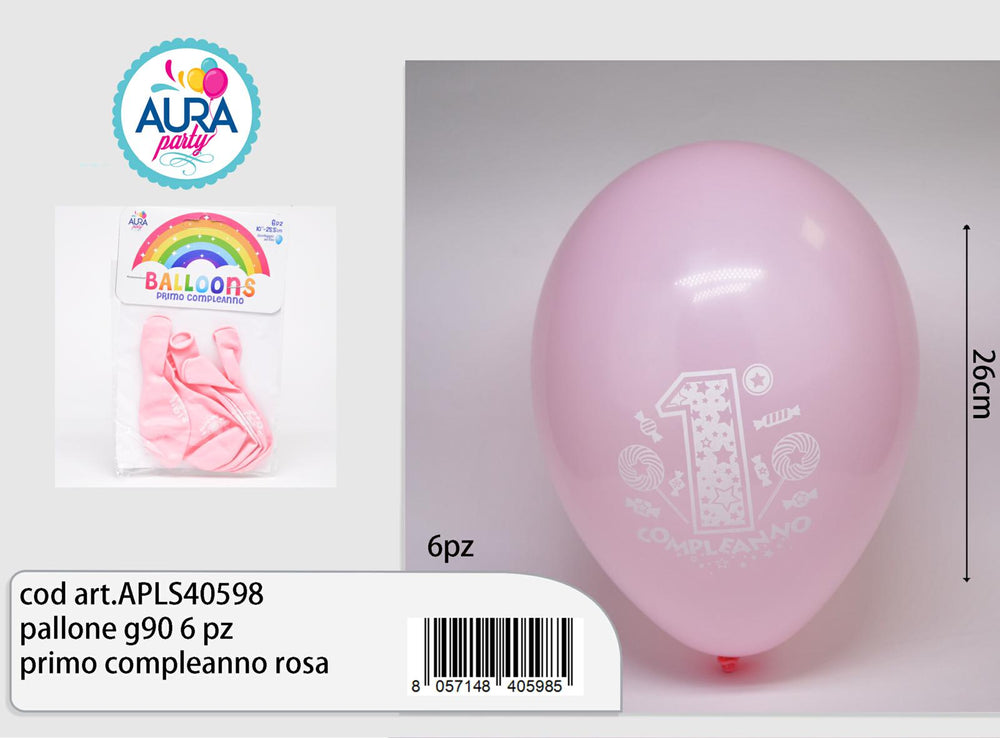 Palloncini in Lattice Stampati "Primo Compleanno" Rosa 10" (26 cm) – Aura, 6 pz