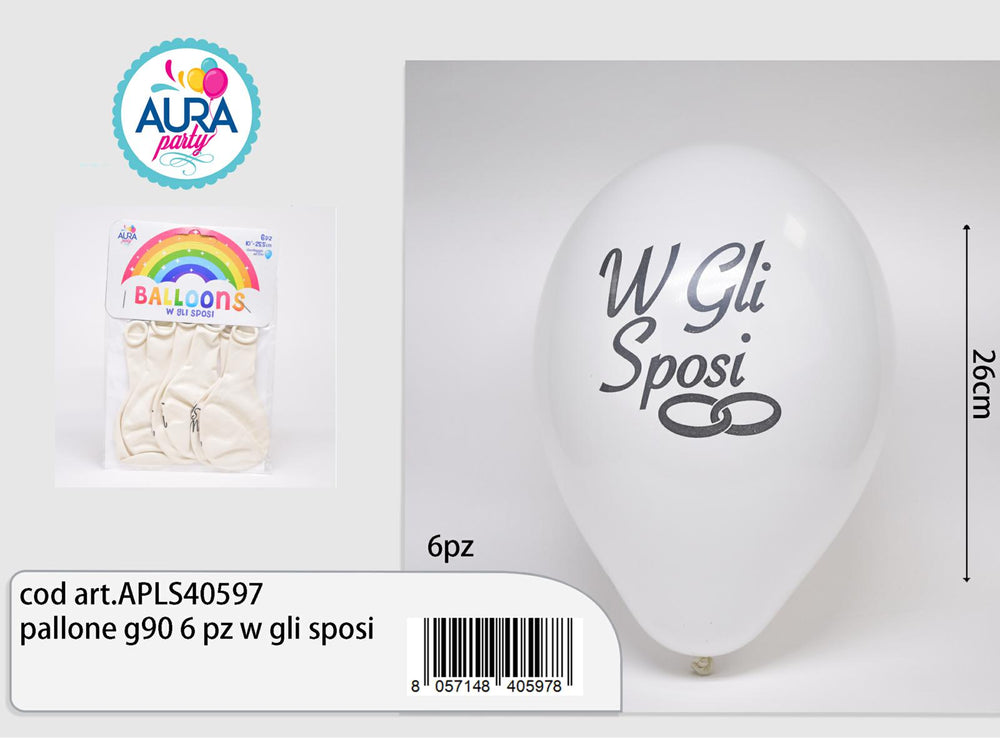 Palloncini in Lattice Stampati "W gli Sposi" 10" (26 cm) – Aura, 6 pz