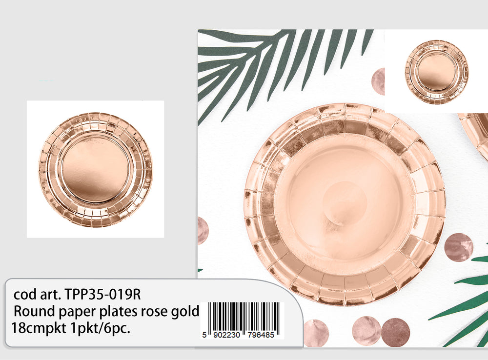 Round paper plates rose gold 18cm 6pcs