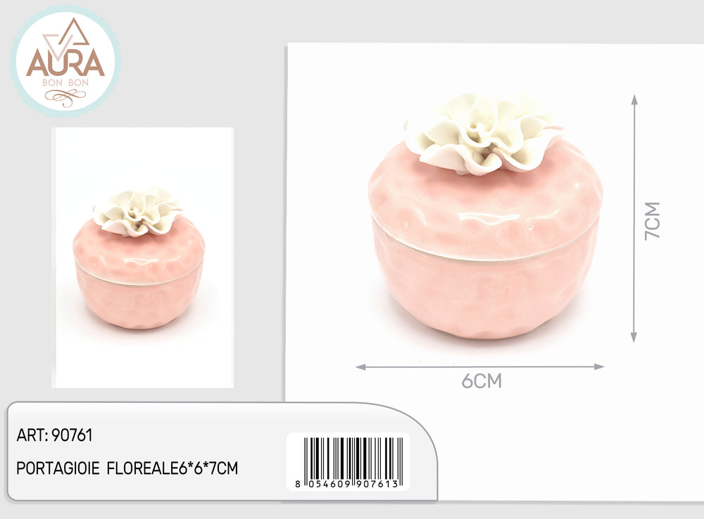 Bomboniera portagioie floreale rosa in porcellana 6x6x7 cm – Aura, 1 pz