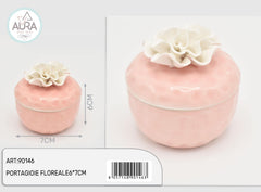 Portagioie floreale in ceramica rosa con fiore bianco 7x6cm