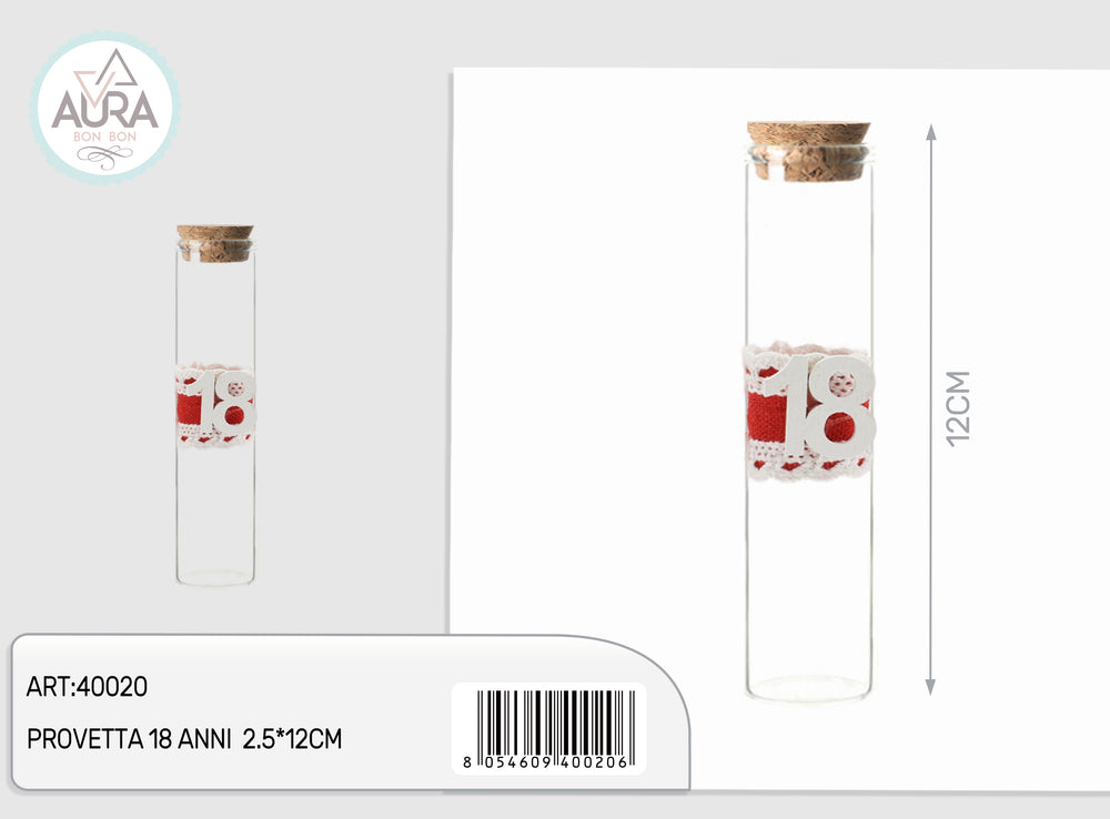Provetta portaconfetti in vetro 18 anni rosso 2,5x12 cm – Aura, 1 pz