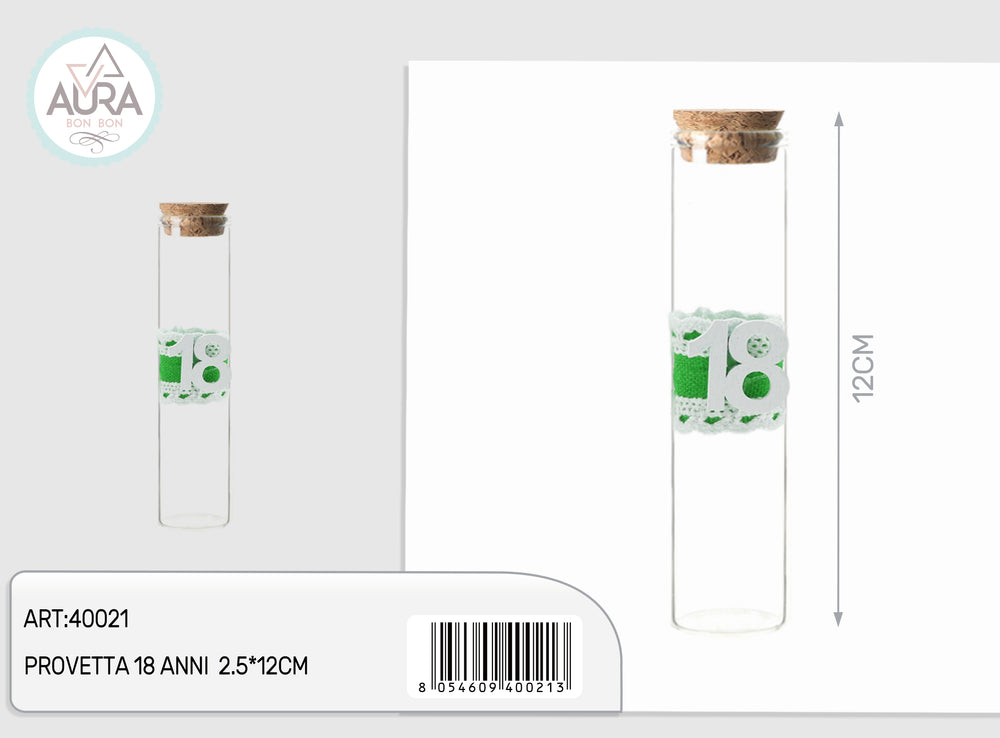 Provetta portaconfetti in vetro 18 anni verde 2,5x12 cm – Aura, 1 pz