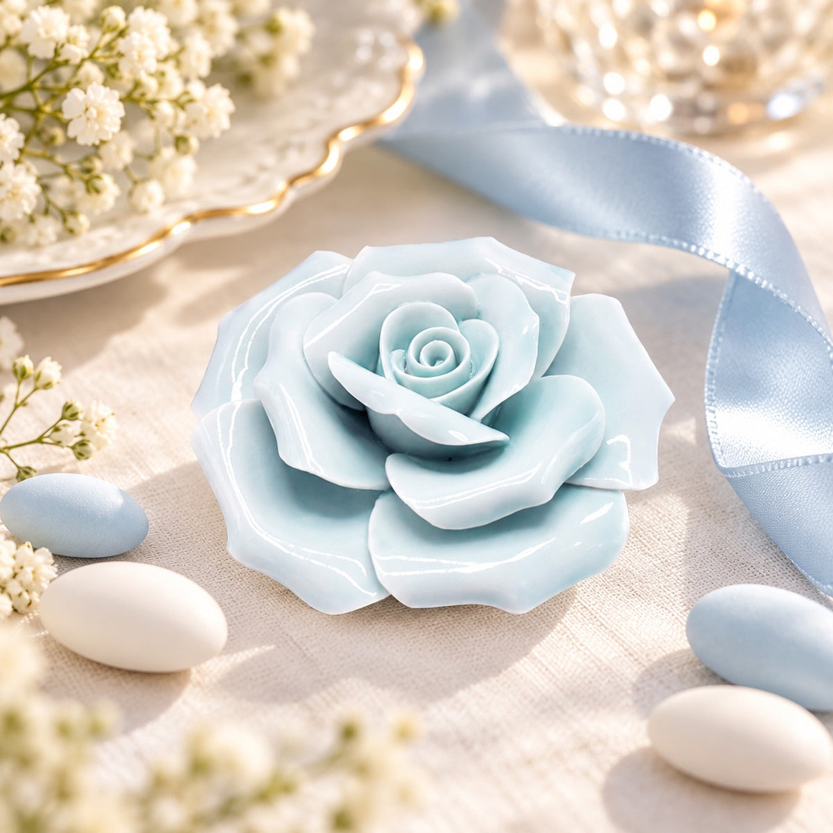 Rosa decorativa in ceramica celeste 5,8 cm su tavola per battesimo con confetti e nastro di raso