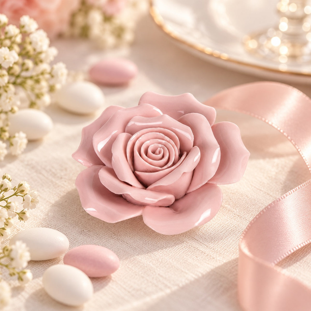 Rosa decorativa in ceramica rosa 5,8 cm su tavola per battesimo con confetti e nastro di raso