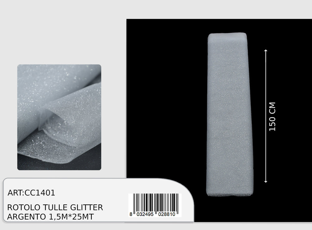 Rotolo tulle glitter argento 1,5x25cm  (prezzo al metro)