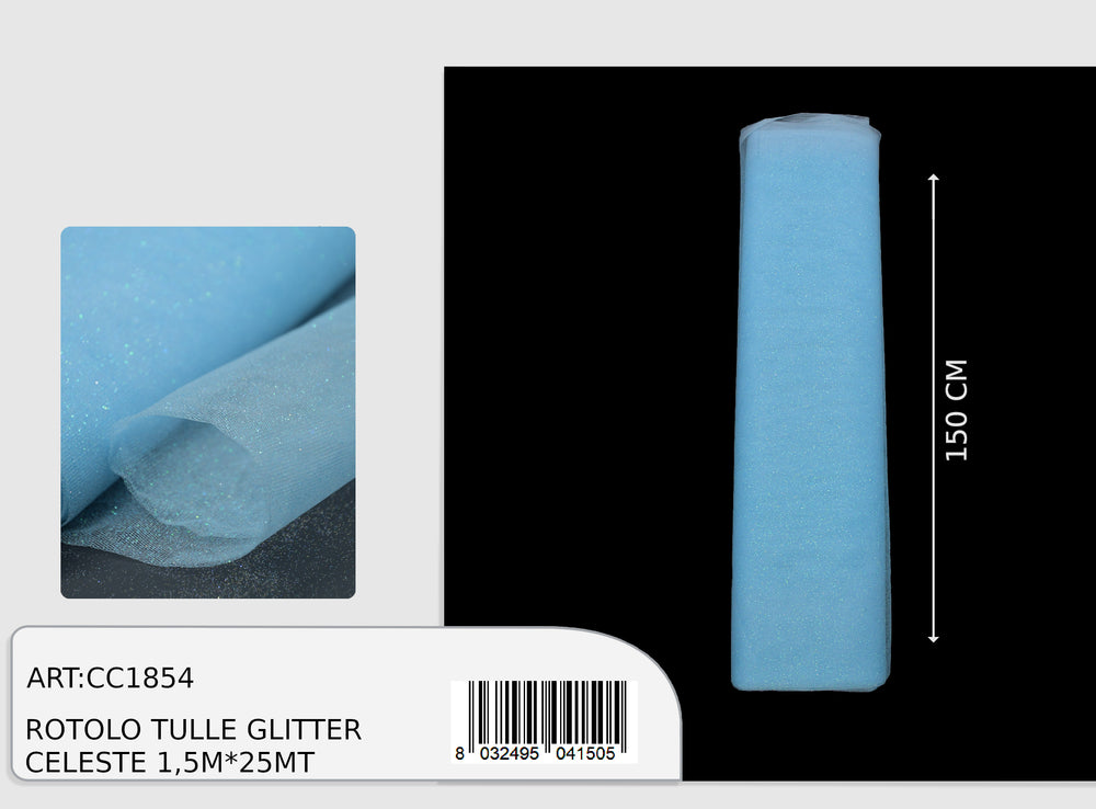 Rotolo tulle glitter celeste 1,5x25m  (prezzo al metro)