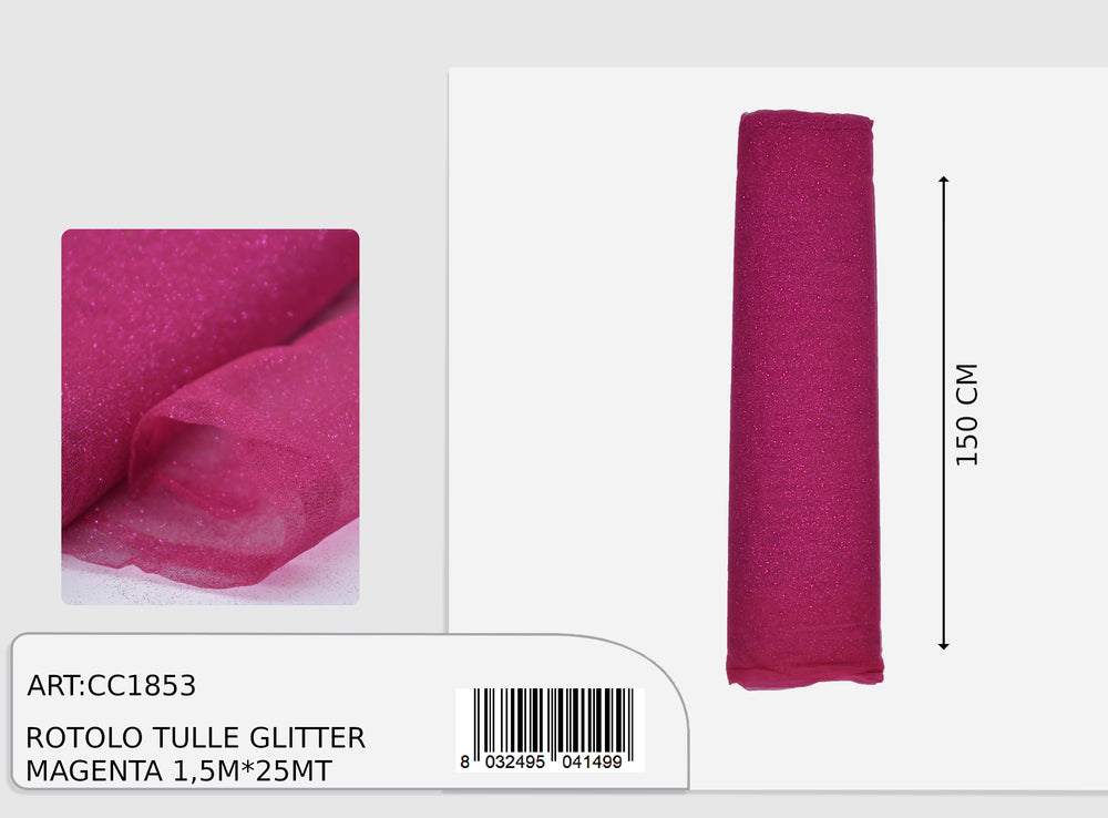 Rotolo tulle glitter magenta 1,5x25m  (prezzo al metro)