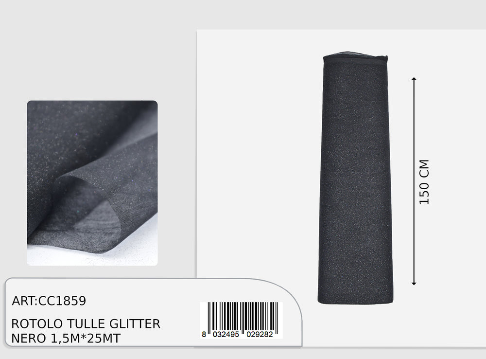 Rotolo tulle glitter nero 1,5x25m  (prezzo al metro)