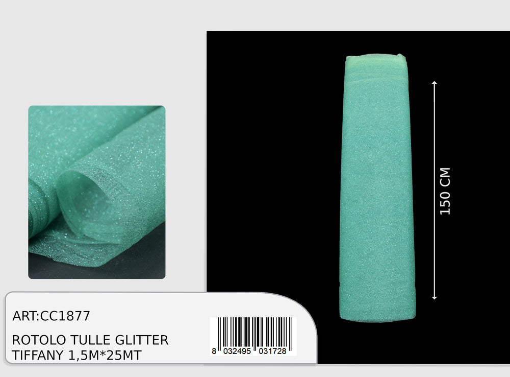 Rotolo tulle glitter verde tiffany 1,5x25m  (prezzo al metro)