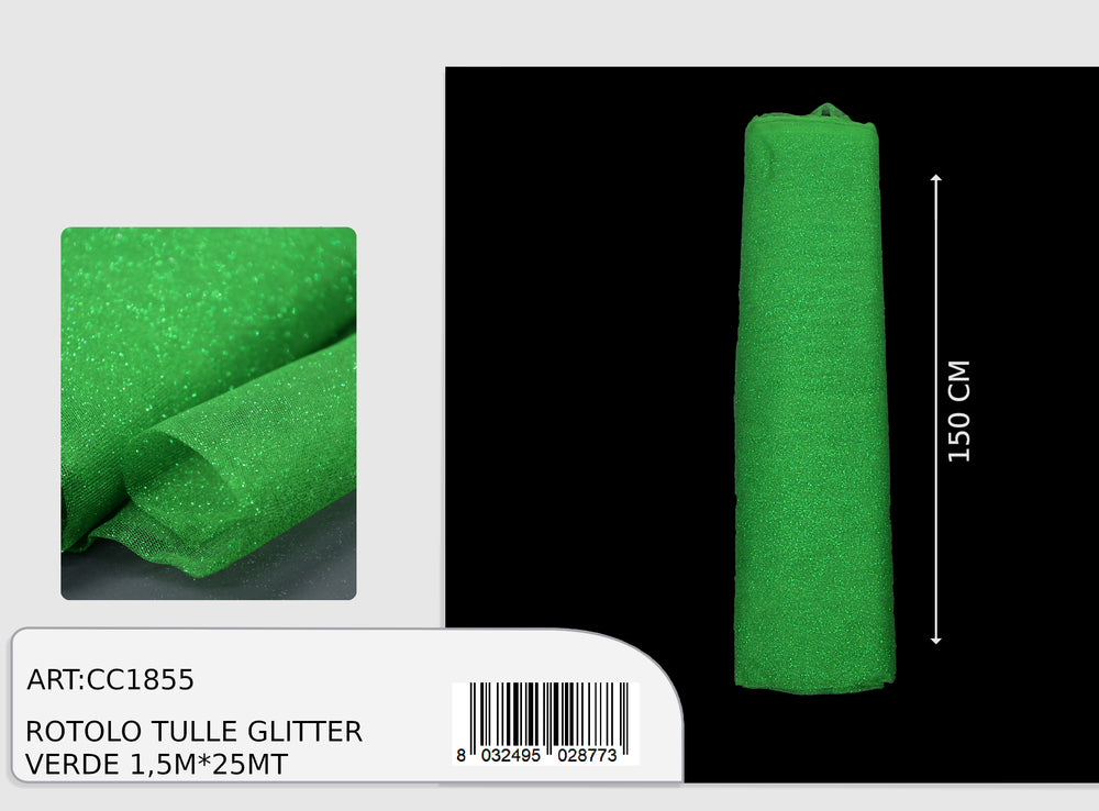 Rotolo tulle glitter verde smeraldo 1,5x25m  (prezzo al metro)
