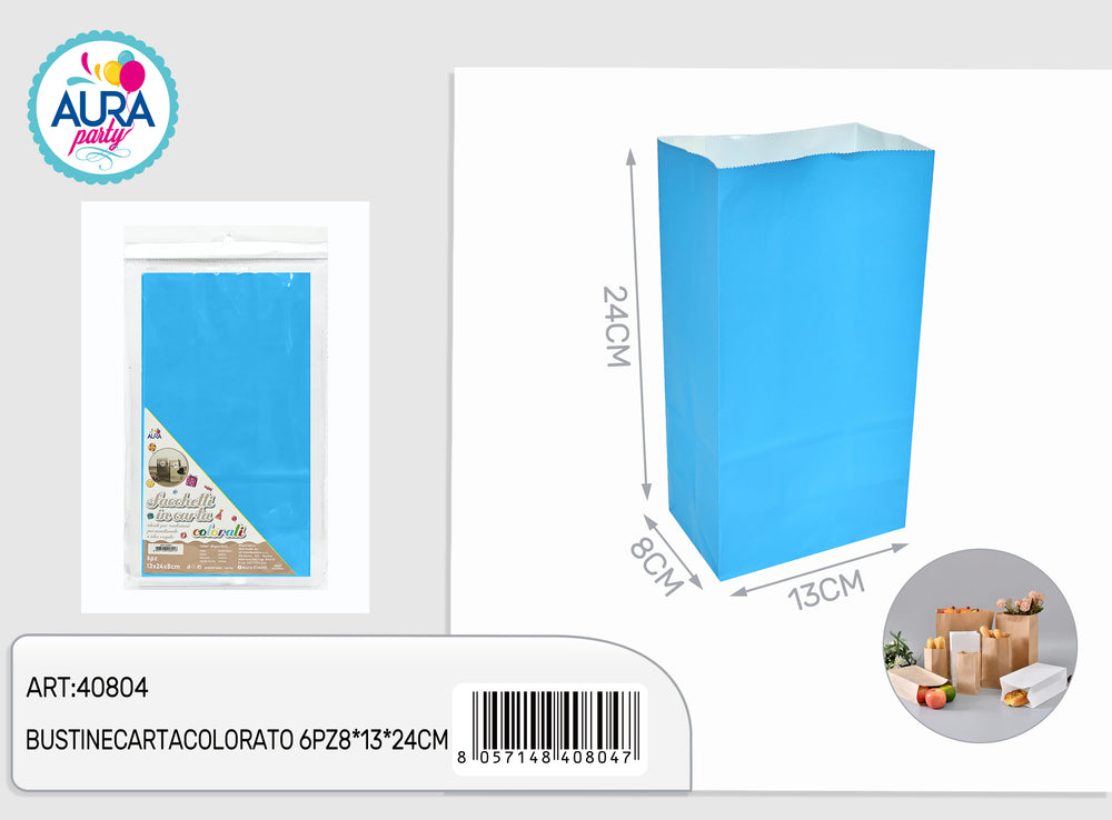 Sacchetti di carta colorati 6pz 8x13x24cm celeste