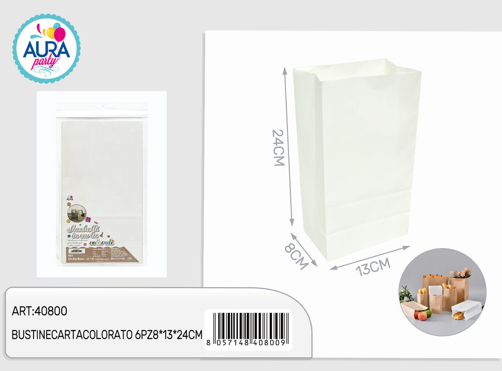 Sacchetti di carta colorati 6pz 8x13x24cm bianco