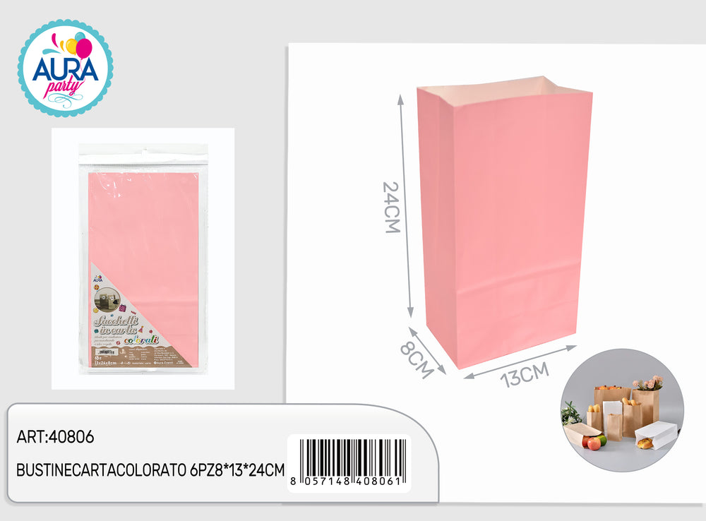 6pcs 8x13x24cm pink colored paper bags