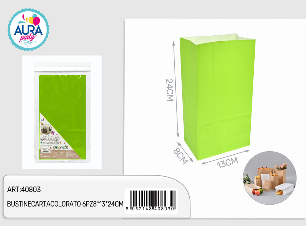 6pcs 8x13x24cm green colored paper bags