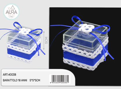 scatola quadata 18 anni blu con tag in legno