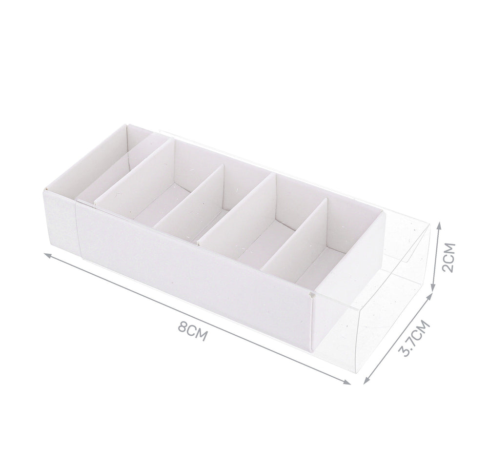 Scatolina fiammifero 8x2x3,7cm bianca con coperchio trasparente 4pz