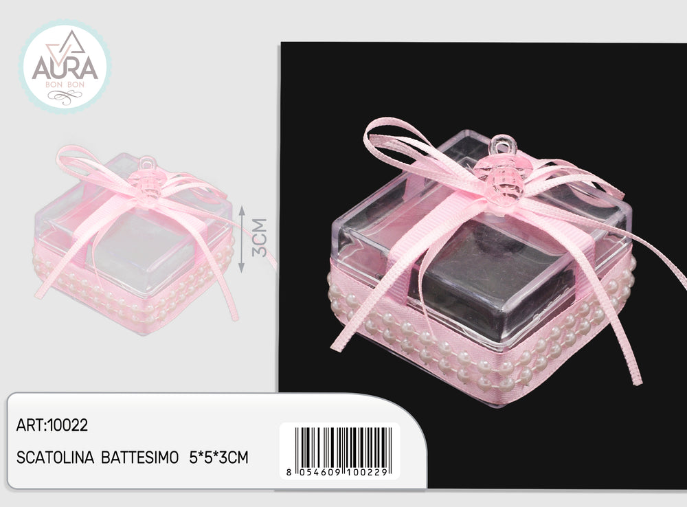 Scatolina quadrata trasparente con ciuccio rosa – Aura, 1 pz