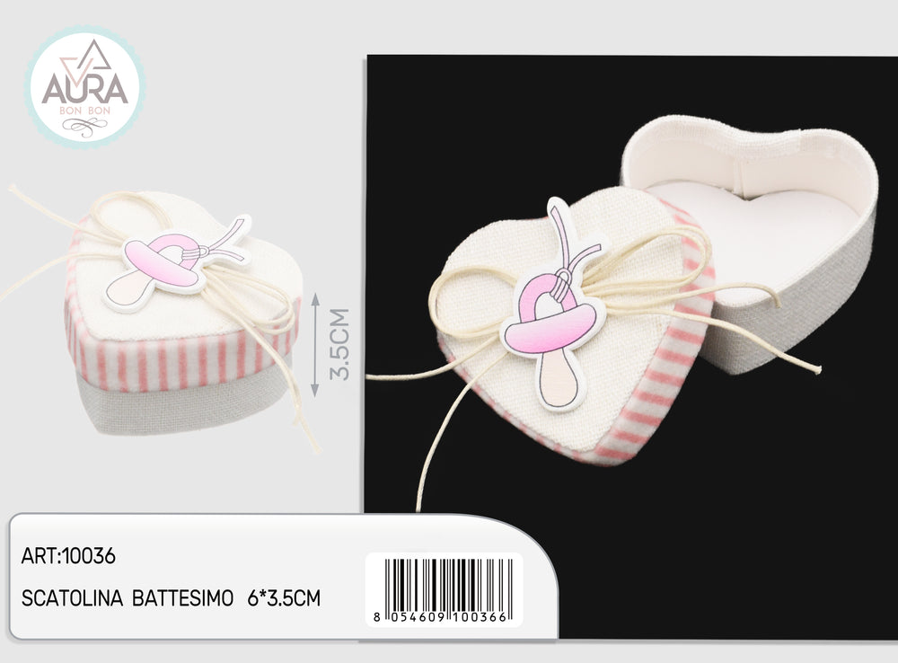 Scatolina cuore con tag ciuccio rosa – Aura, 1 pz