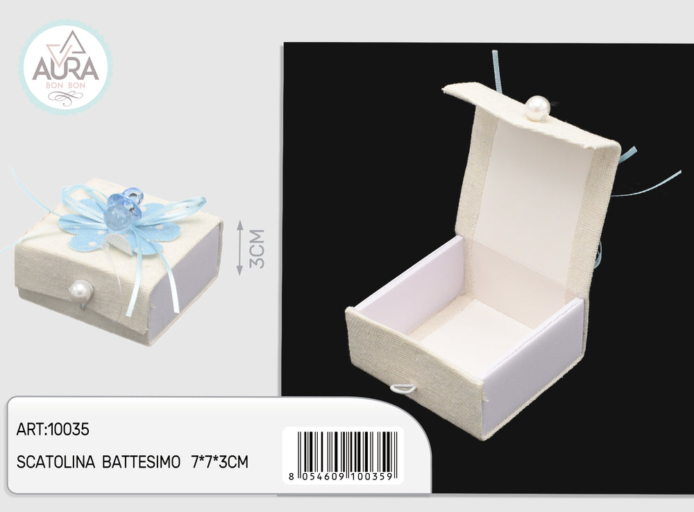 blue square box with flower and pacifier