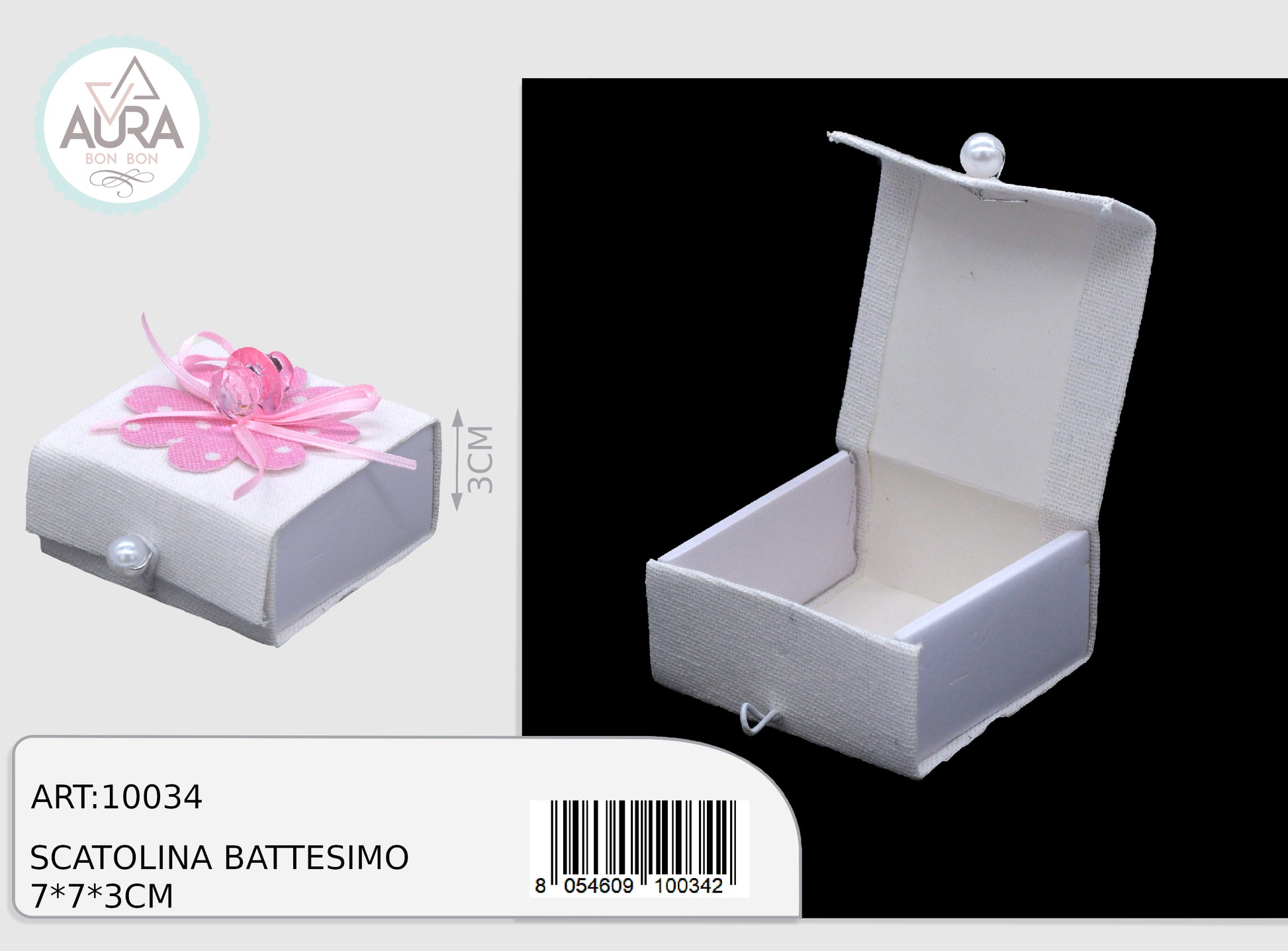 scatolina quadrata rosa con fiore e ciuccio