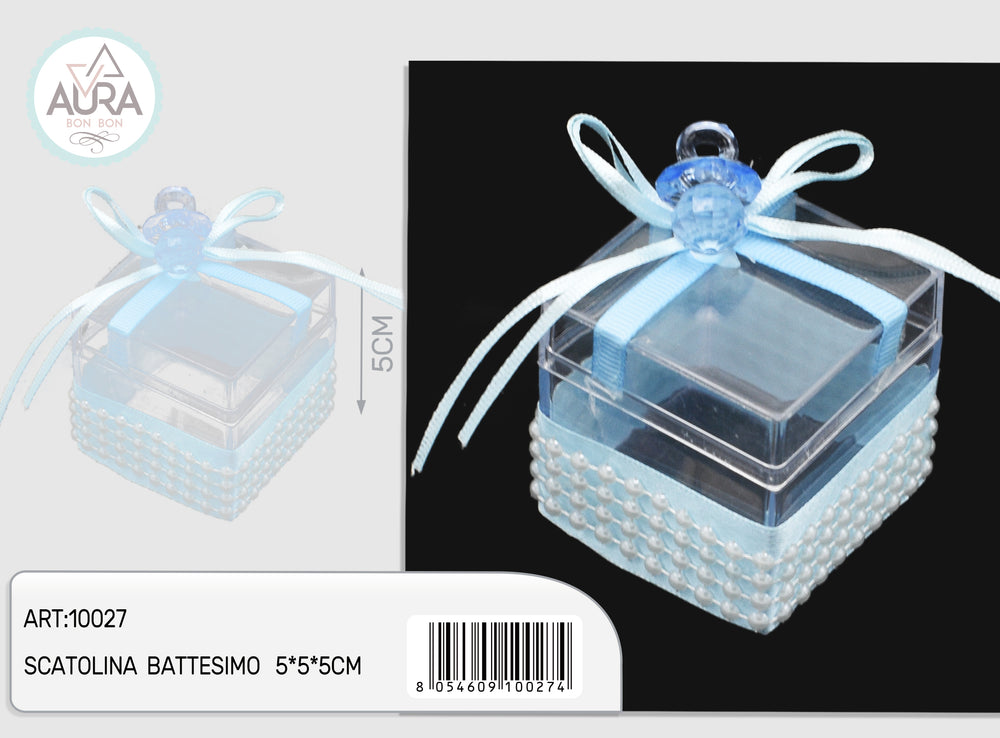 Scatolina quadrata trasparente con ciuccio azzurro – Aura, 1 pz